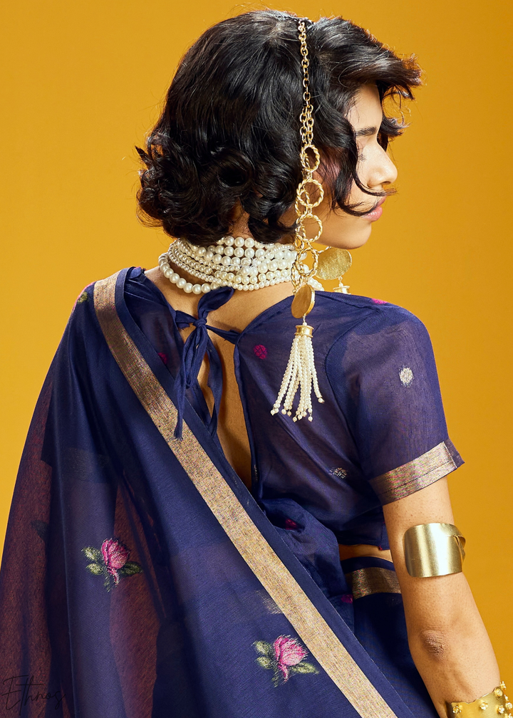 Indigo Lotus Jamdani Pallu Munga Cotton Saree