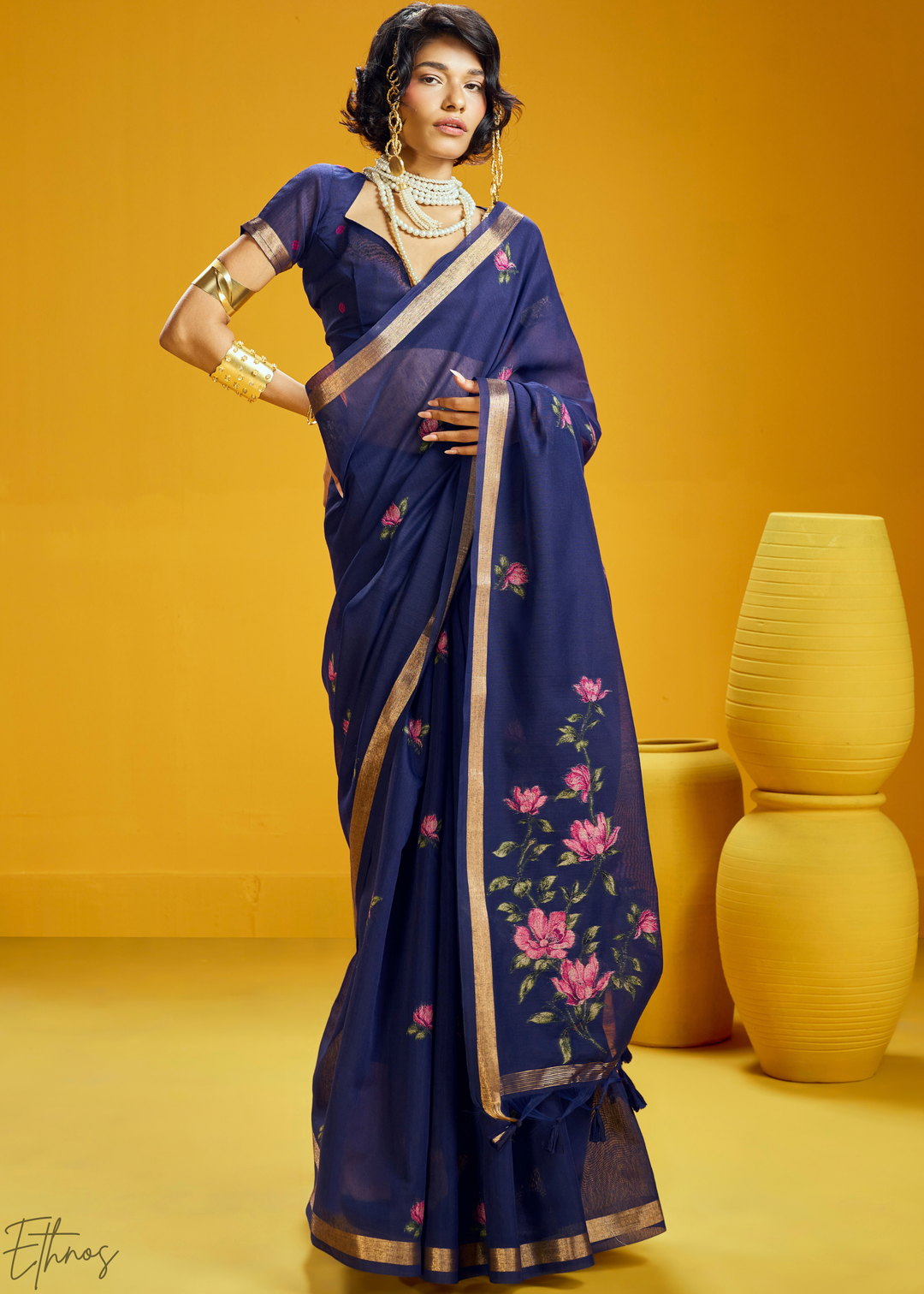 Indigo Lotus Jamdani Pallu Munga Cotton Saree