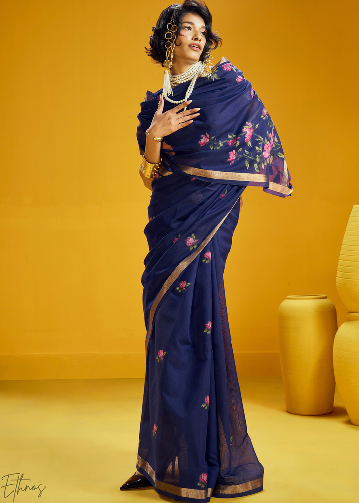 Indigo Lotus Jamdani Pallu Munga Cotton Saree