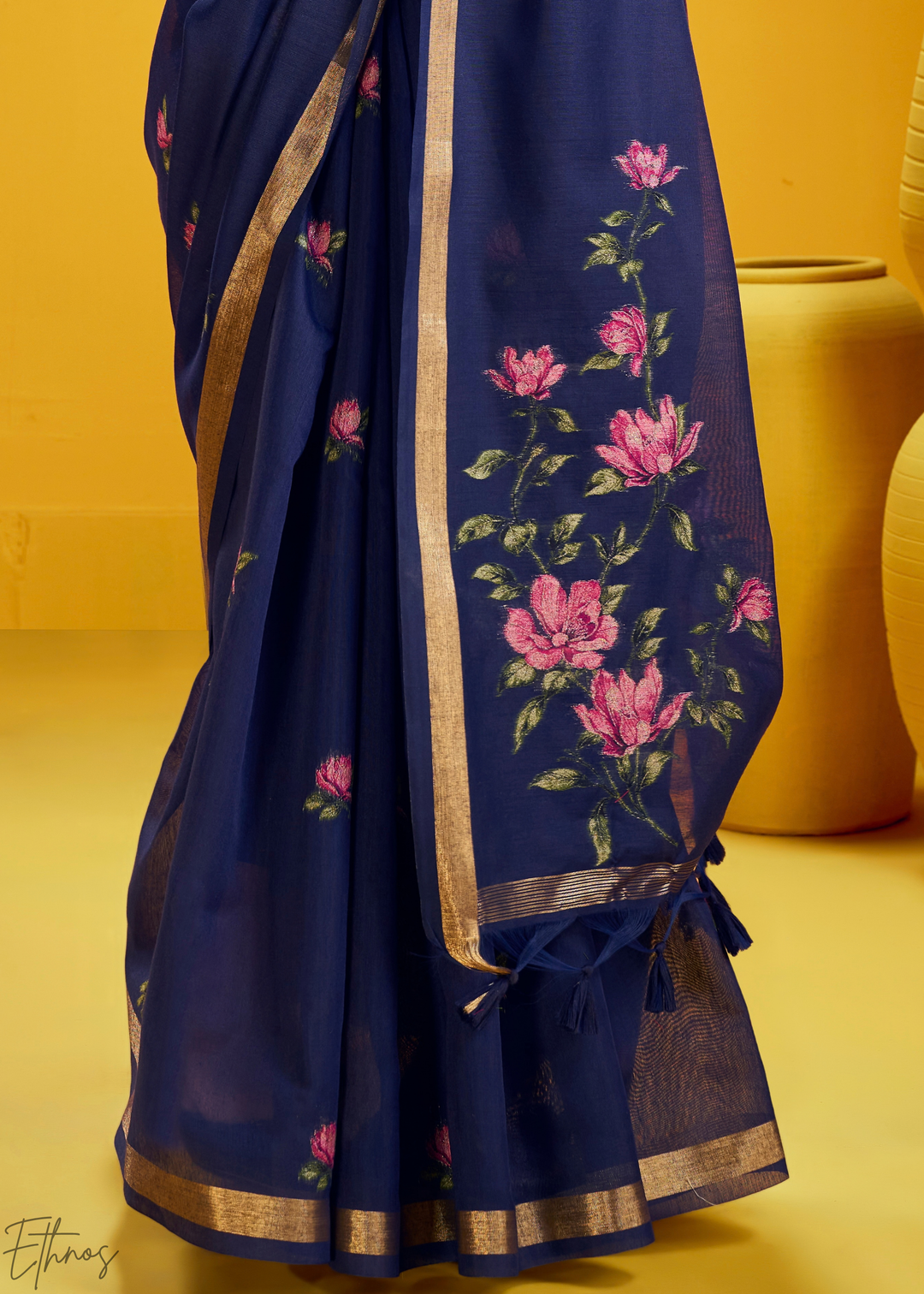 Indigo Lotus Jamdani Pallu Munga Cotton Saree