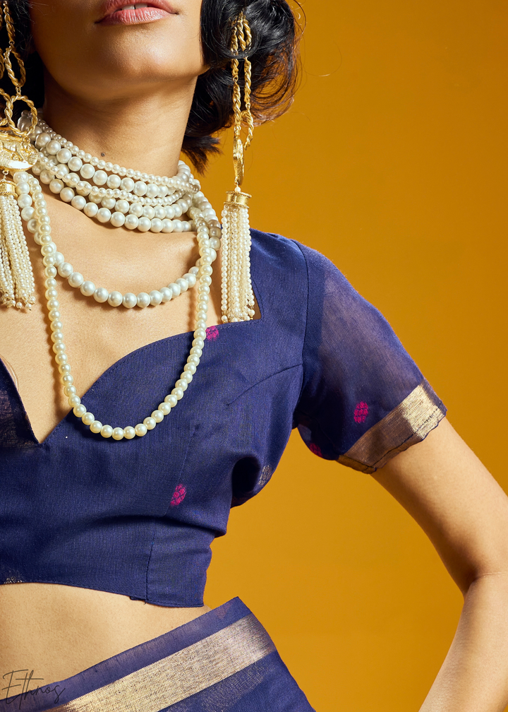 Indigo Lotus Jamdani Pallu Munga Cotton Saree