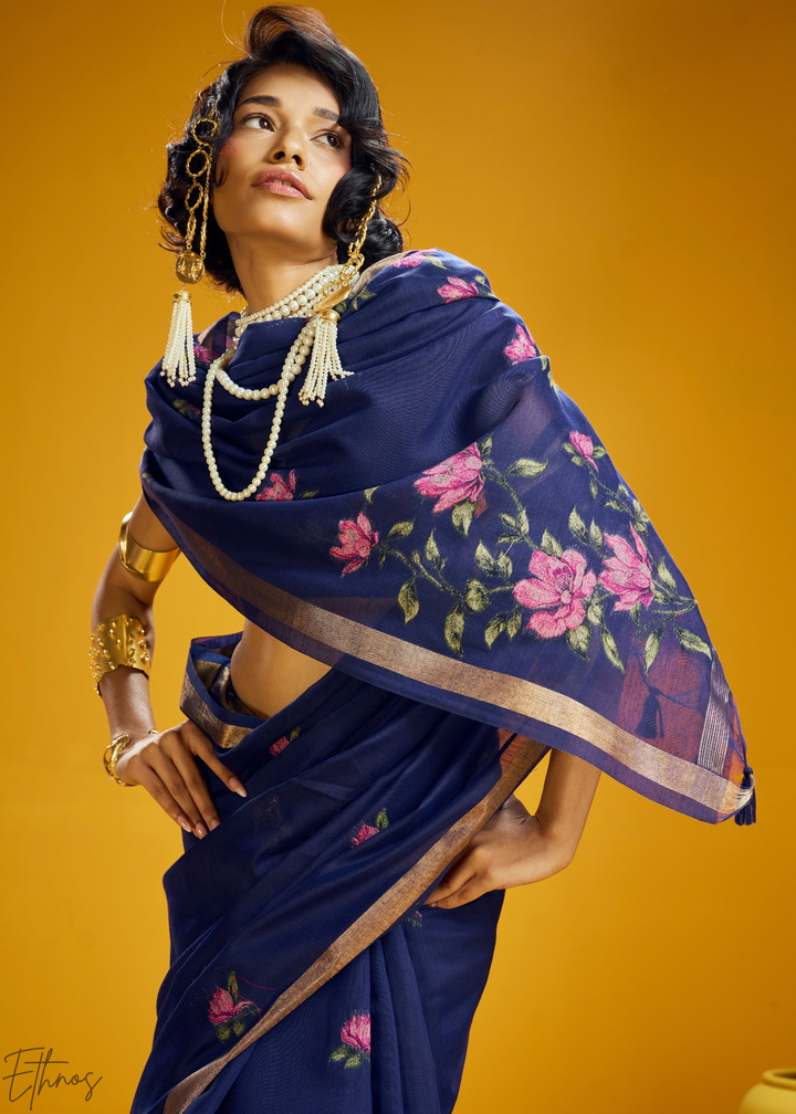 Indigo Lotus Jamdani Pallu Munga Cotton Saree