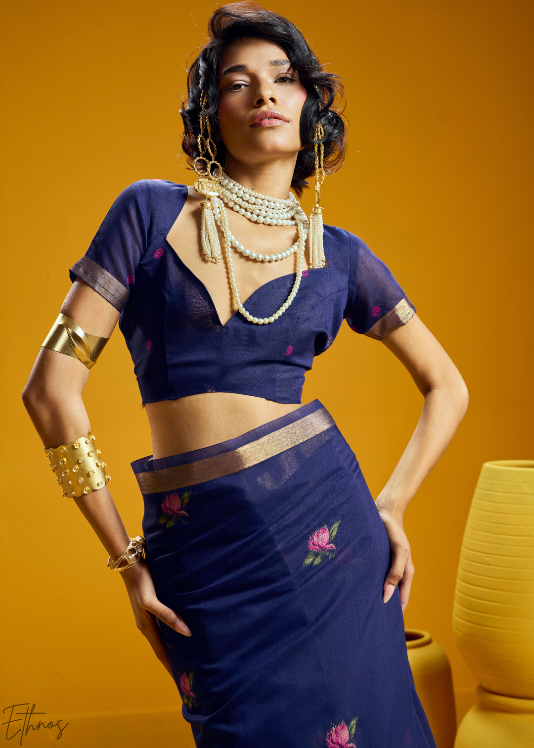 Indigo Lotus Jamdani Pallu Munga Cotton Saree