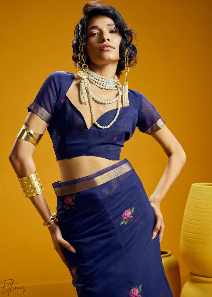 Indigo Lotus Jamdani Pallu Munga Cotton Saree