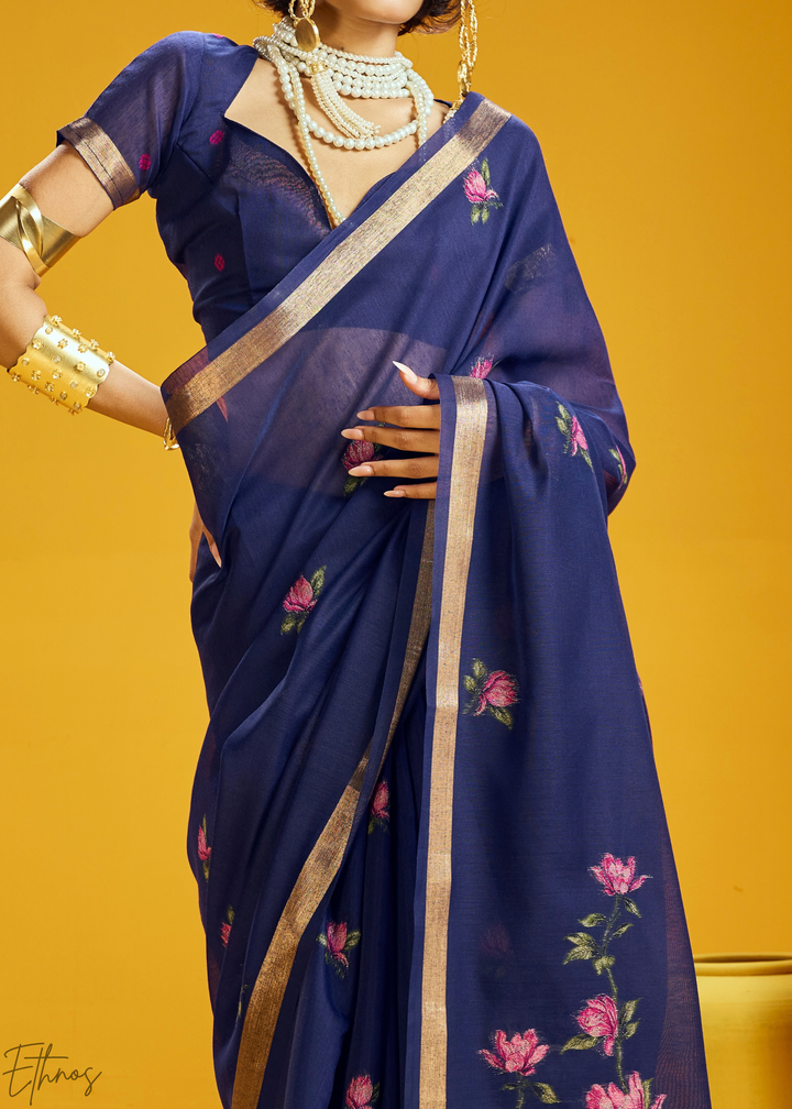 Indigo Lotus Jamdani Pallu Munga Cotton Saree