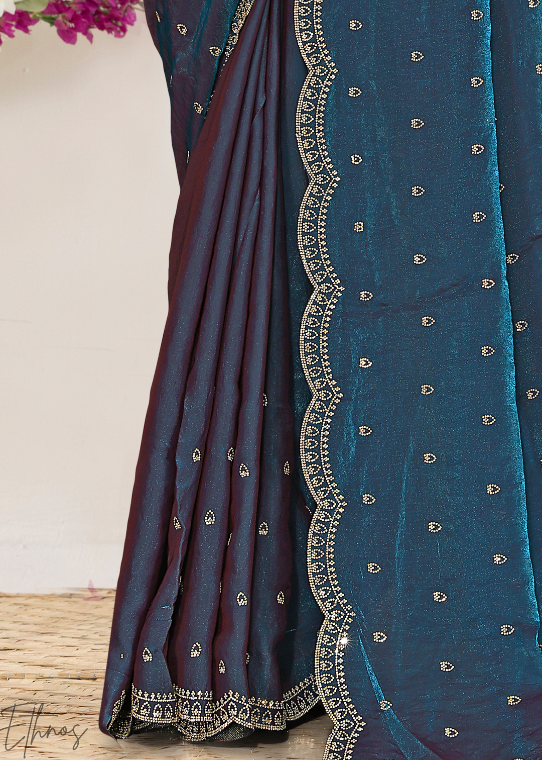 Indigo Navy Scallop Stippled Satin Silk Saree
