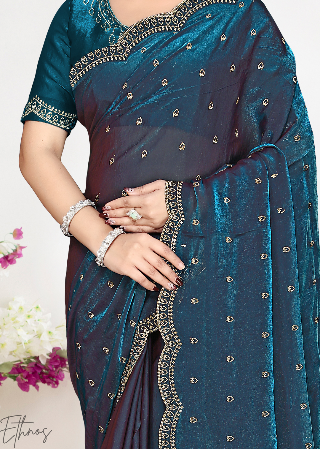 Indigo Navy Scallop Stippled Satin Silk Saree