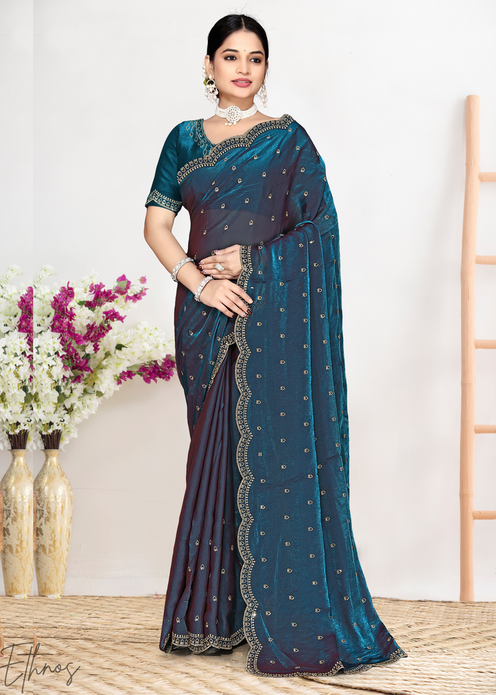 Indigo Navy Scallop Stippled Satin Silk Saree