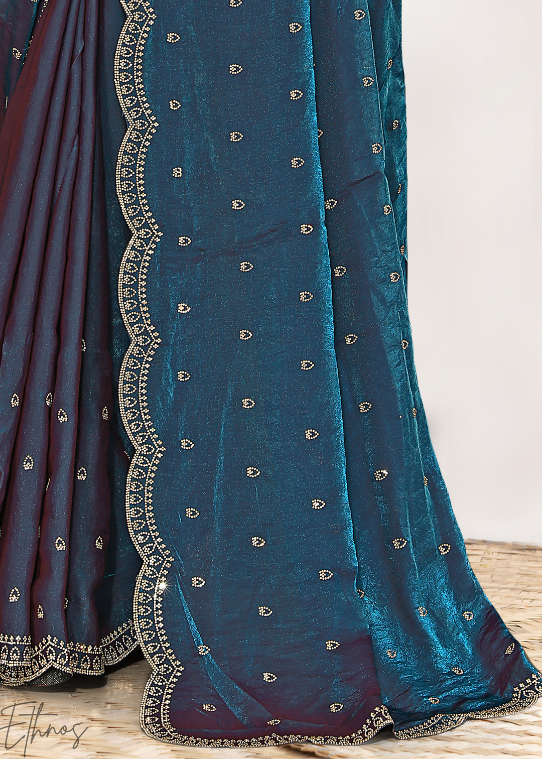 Indigo Navy Scallop Stippled Satin Silk Saree