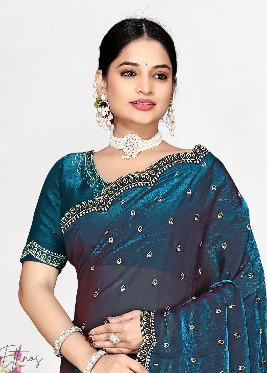 Indigo Navy Scallop Stippled Satin Silk Saree