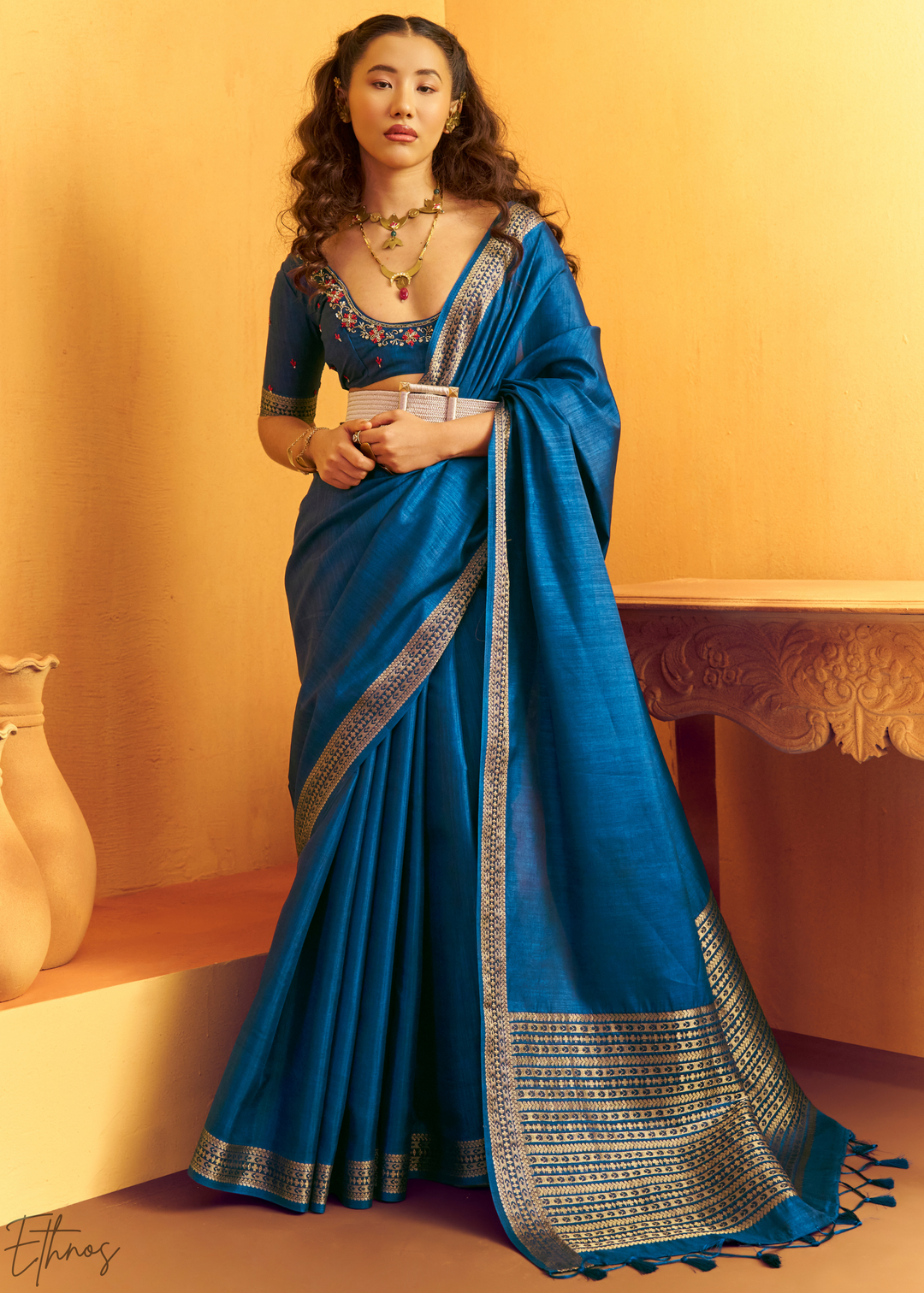 Indigo Sapphire Traditional Zari Woven Tussar Silk Saree