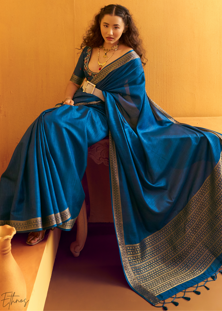 Indigo Sapphire Traditional Zari Woven Tussar Silk Saree