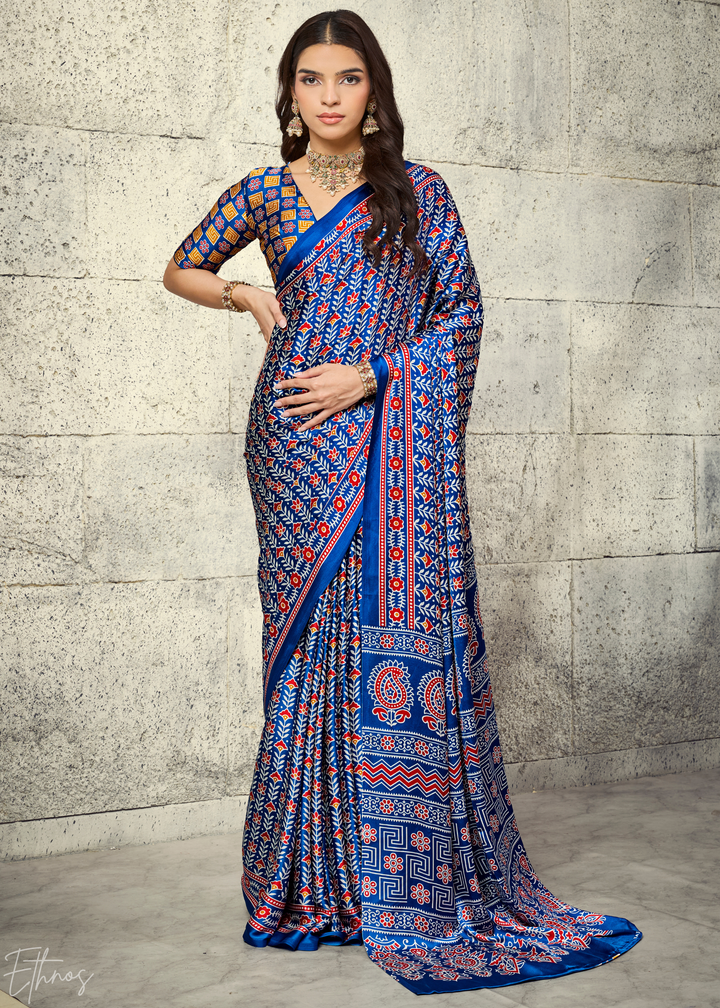 Indigo Blue Ajrakh Printed Modal Satin Saree