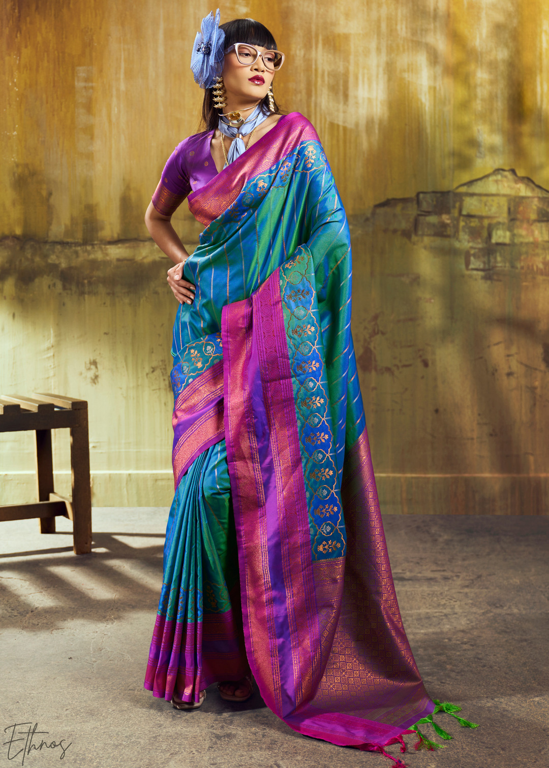 Luminous Cerulean Violet Pochampally IkkatSilk Saree