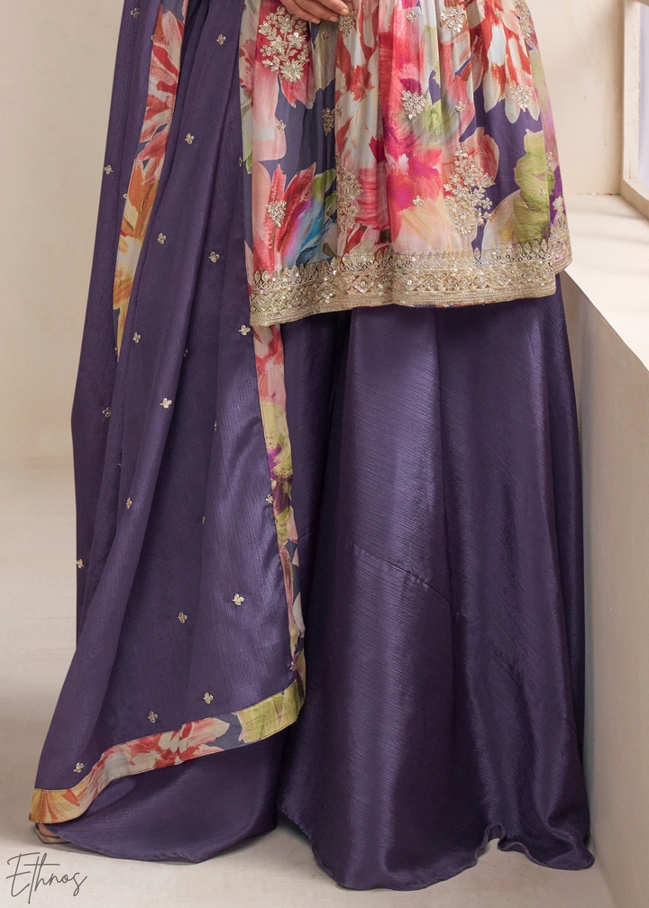 Iris Meadow Floral Chinon Peplum Sharara Suit