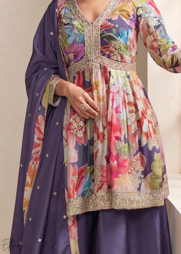 Iris Meadow Floral Chinon Peplum Sharara Suit