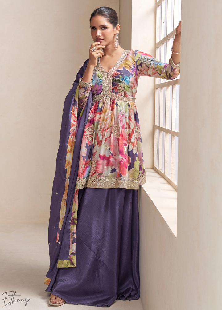 Iris Meadow Floral Chinon Peplum Sharara Suit