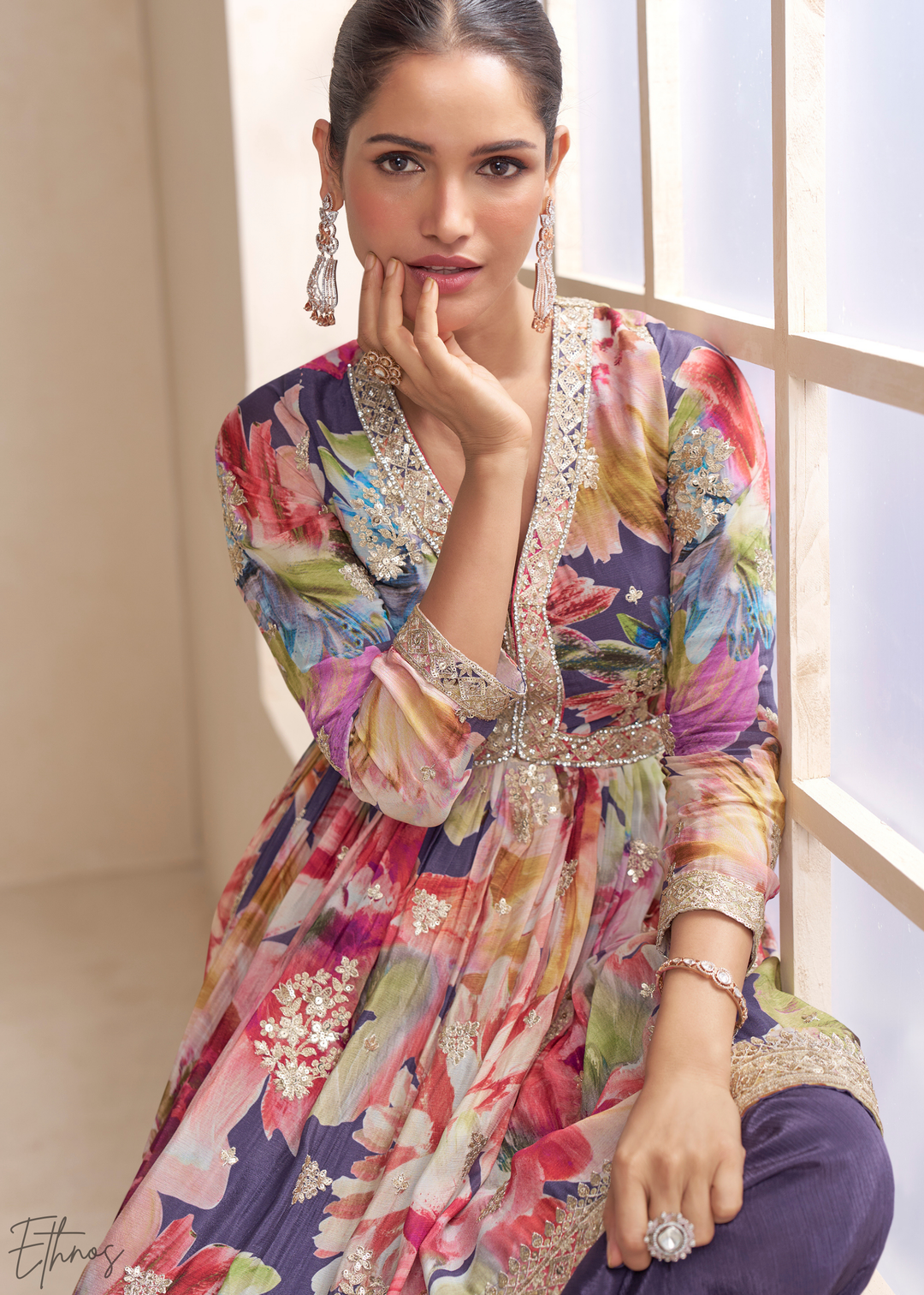 Iris Meadow Floral Chinon Peplum Sharara Suit
