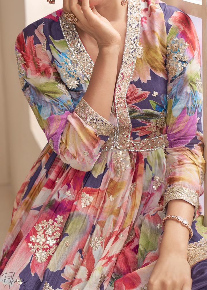 Iris Meadow Floral Chinon Peplum Sharara Suit