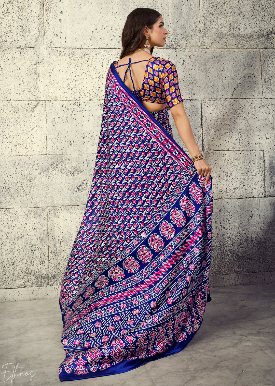 Iris Purple Ajrakh Printed Modal Satin Saree