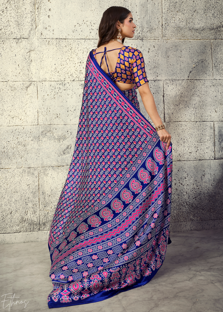 Iris Purple Ajrakh Printed Modal Satin Saree