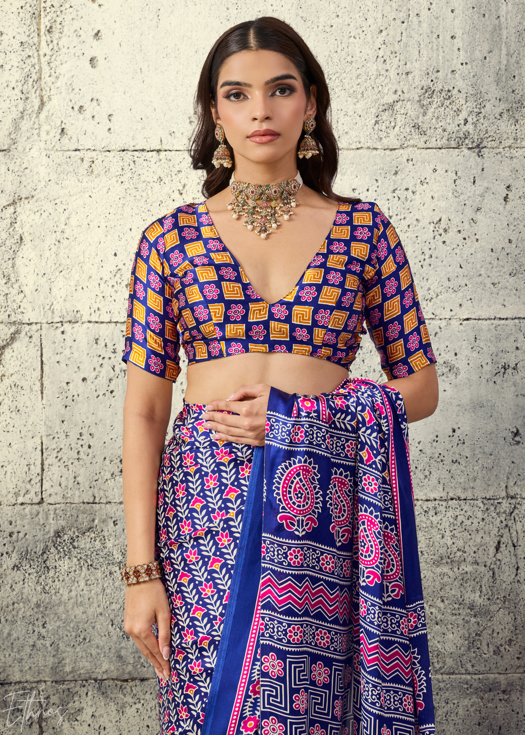 Iris Purple Ajrakh Printed Modal Satin Saree