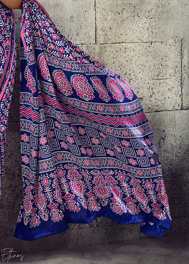 Iris Purple Ajrakh Printed Modal Satin Saree