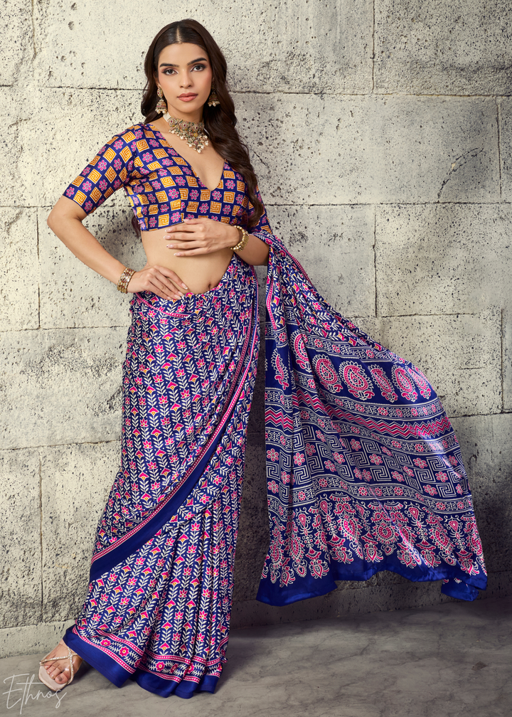 Iris Purple Ajrakh Printed Modal Satin Saree