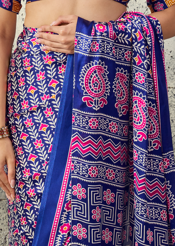 Iris Purple Ajrakh Printed Modal Satin Saree