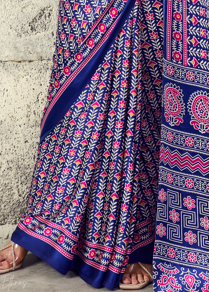 Iris Purple Ajrakh Printed Modal Satin Saree