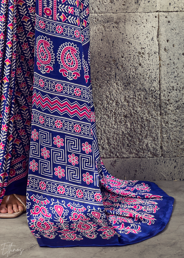 Iris Purple Ajrakh Printed Modal Satin Saree