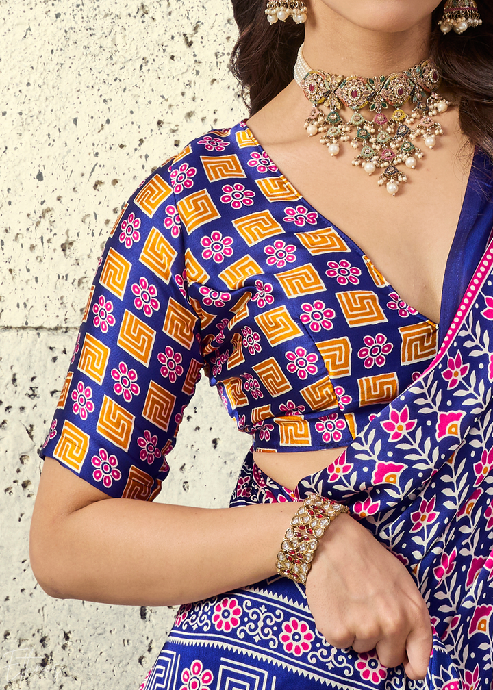 Iris Purple Ajrakh Printed Modal Satin Saree