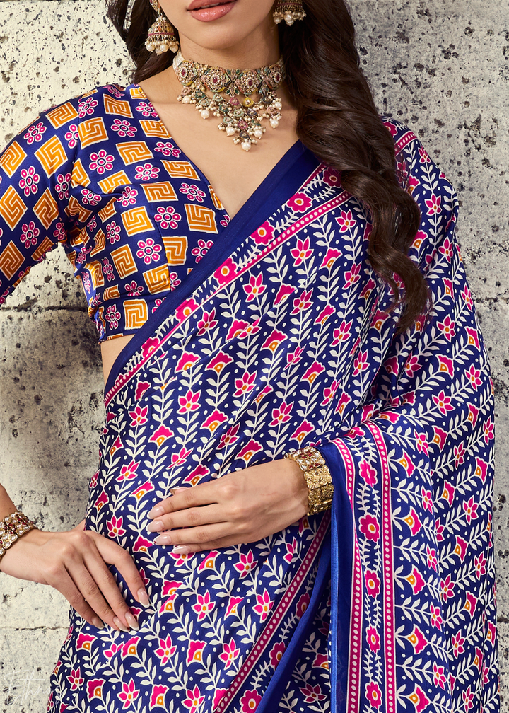 Iris Purple Ajrakh Printed Modal Satin Saree