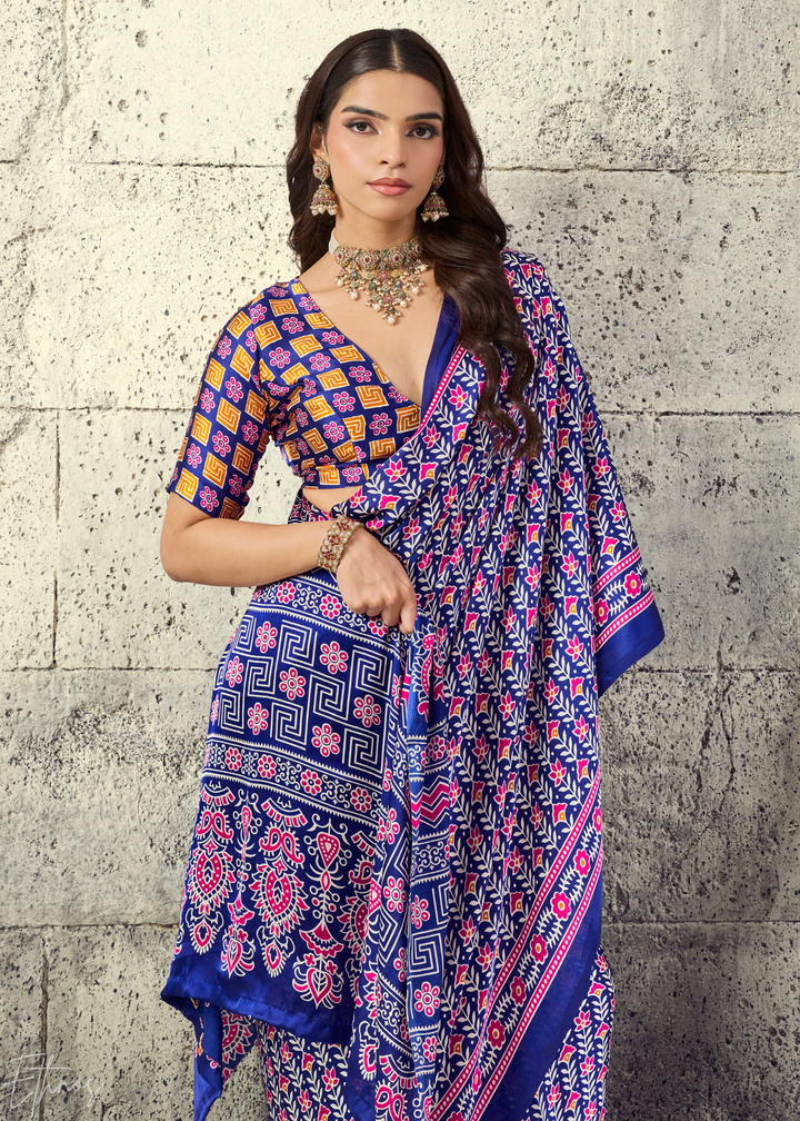 Iris Purple Ajrakh Printed Modal Satin Saree