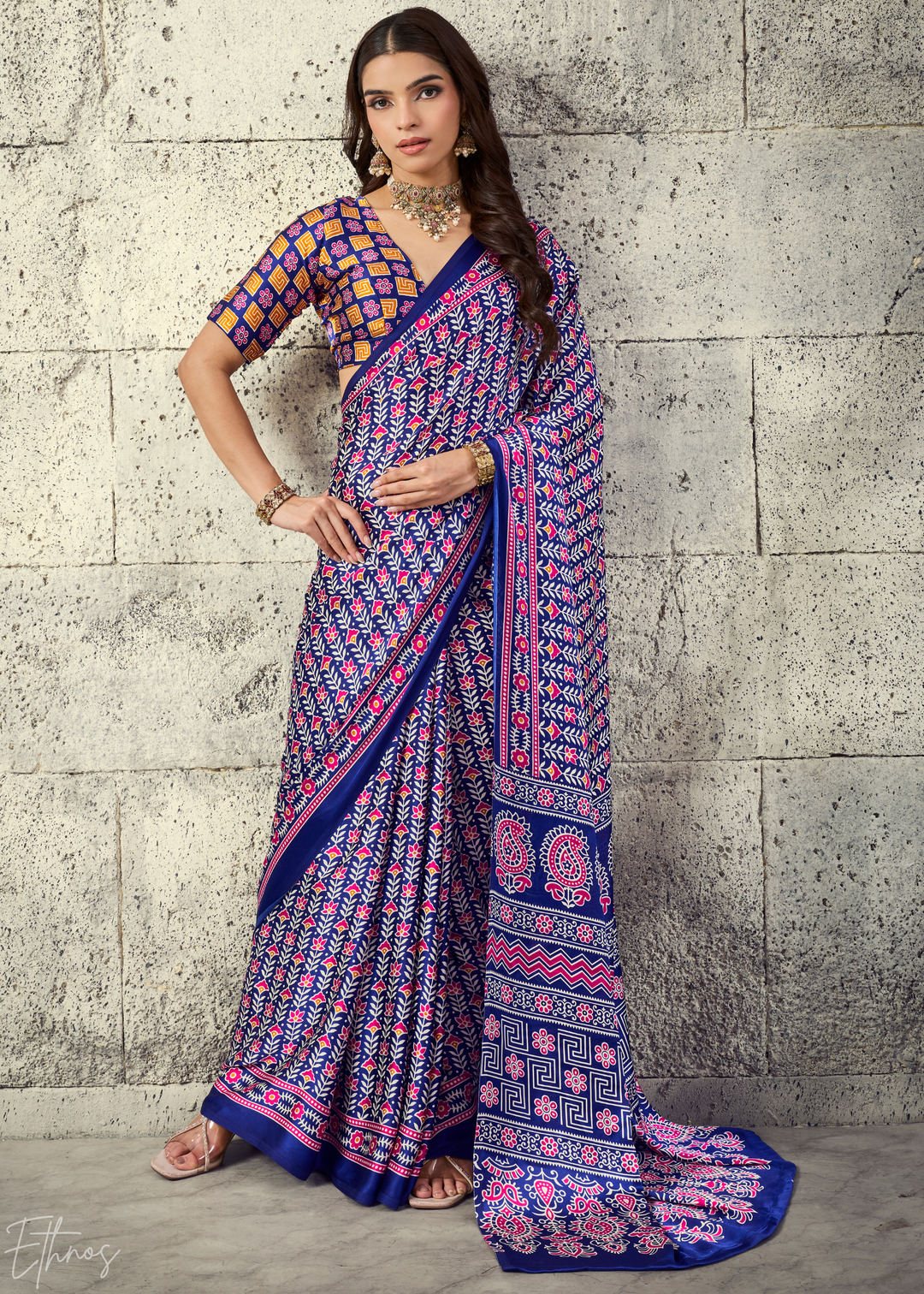 Iris Purple Ajrakh Printed Modal Satin Saree