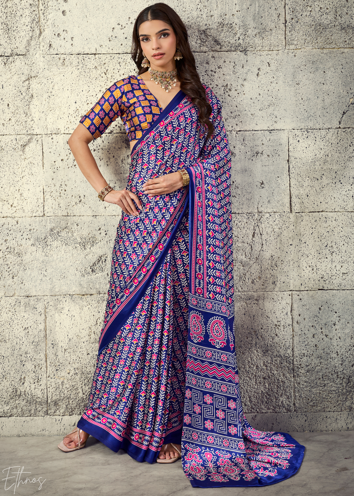 Iris Purple Ajrakh Printed Modal Satin Saree