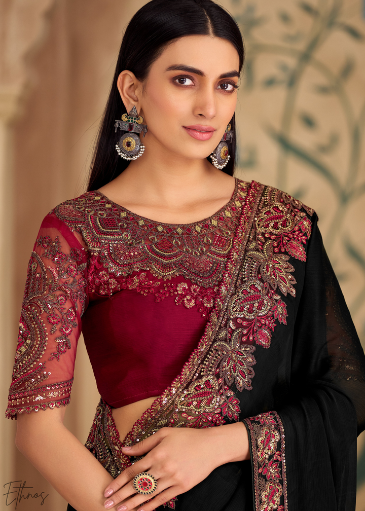 Onyx Contrast Bold Pattern Georgette Silk Saree