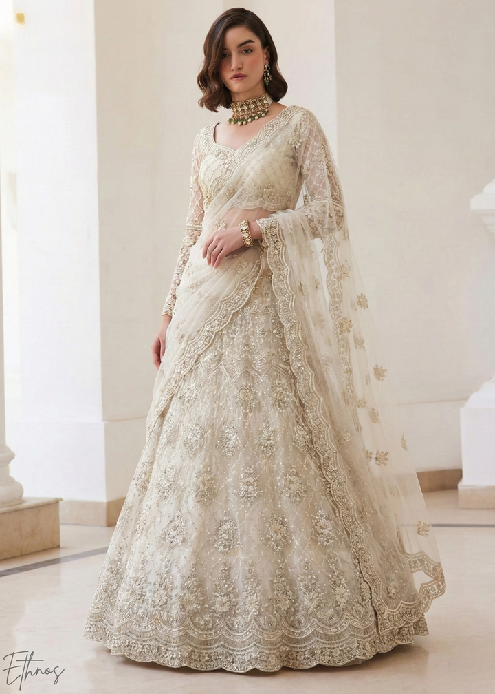 Ivory Cream All-Over Sequin Embroidered Net Lehenga