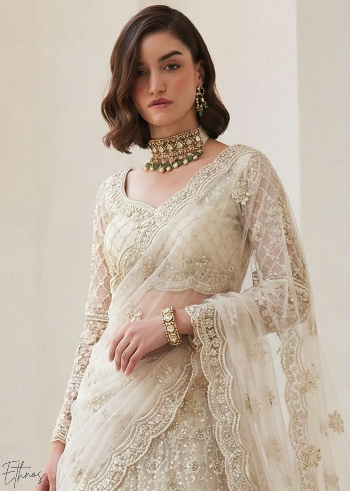 Ivory Cream All-Over Sequin Embroidered Net Lehenga