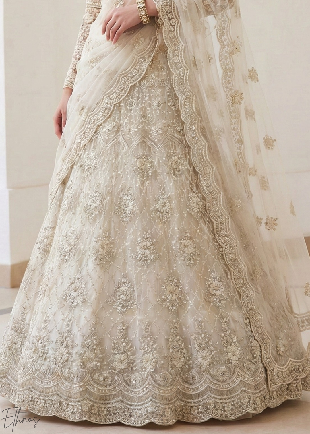Ivory Cream All-Over Sequin Embroidered Net Lehenga