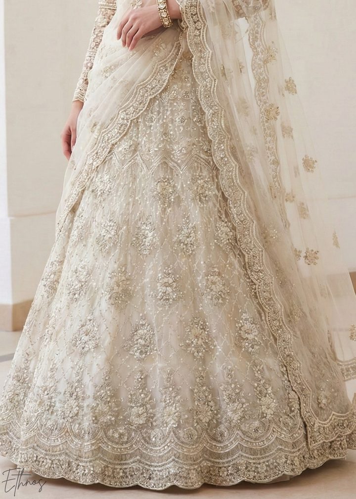 Ivory Cream All-Over Sequin Embroidered Net Lehenga