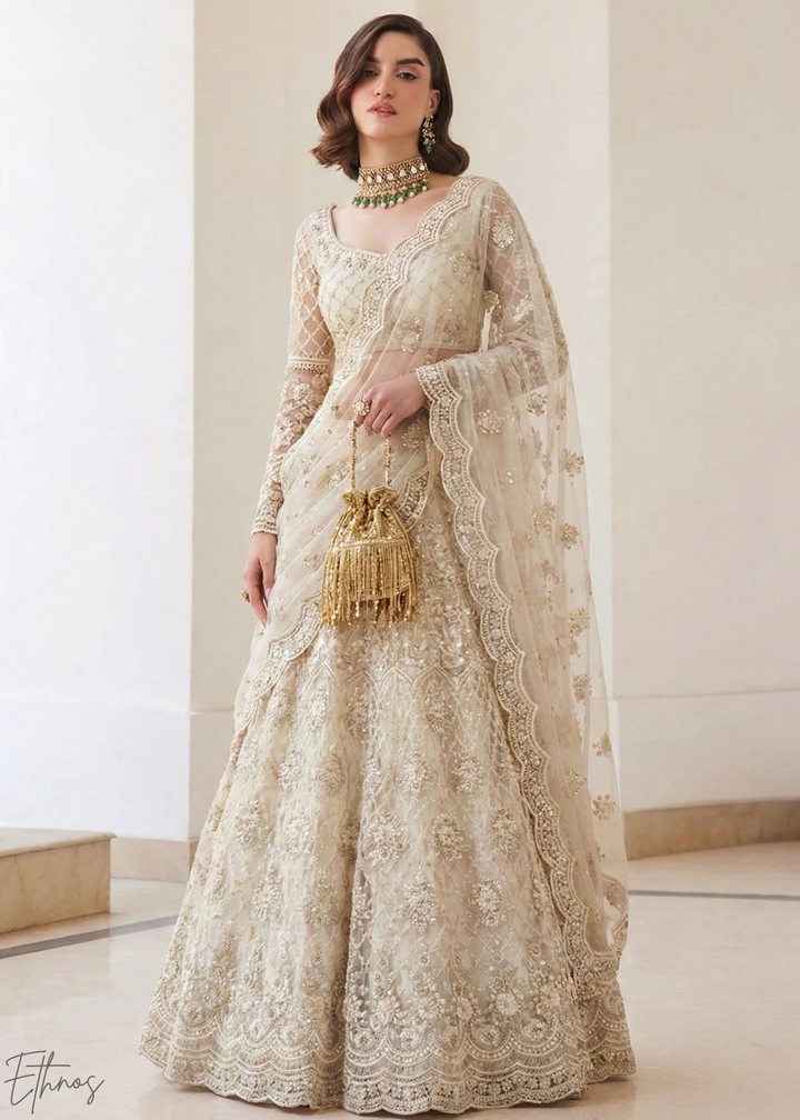 Ivory Cream All-Over Sequin Embroidered Net Lehenga