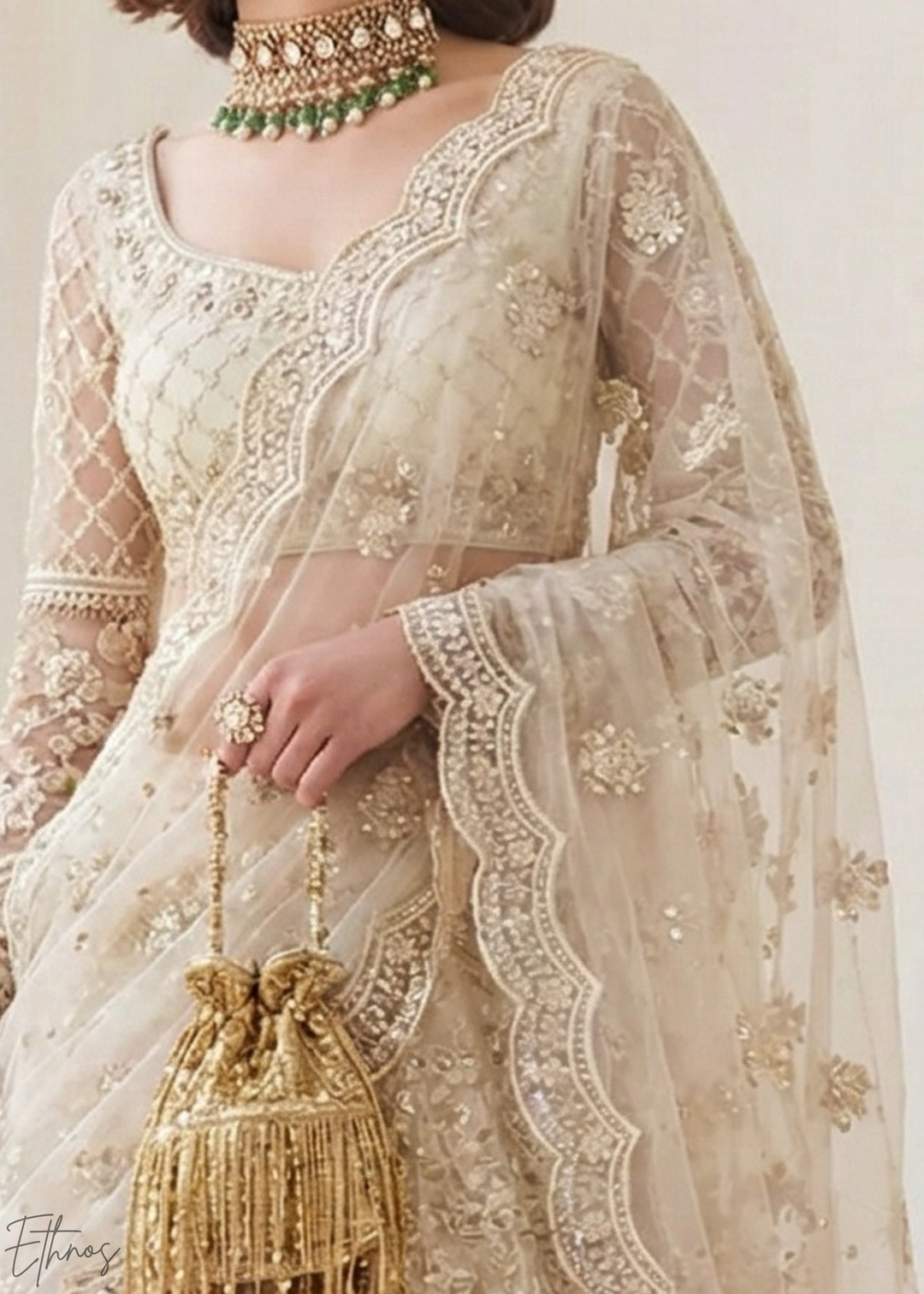 Ivory Cream All-Over Sequin Embroidered Net Lehenga