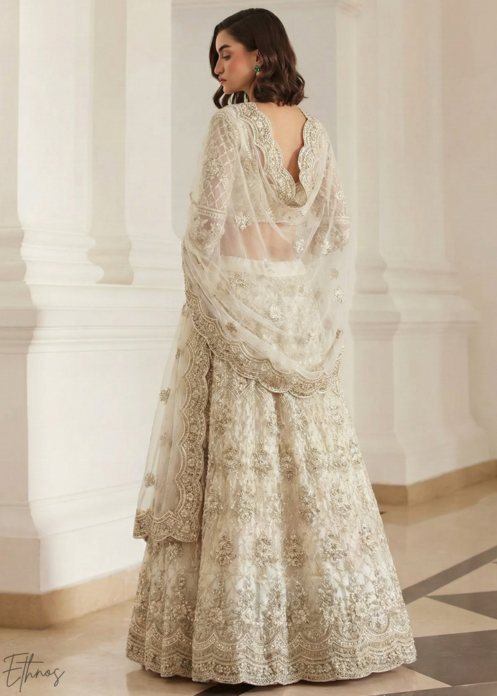 Ivory Cream All-Over Sequin Embroidered Net Lehenga