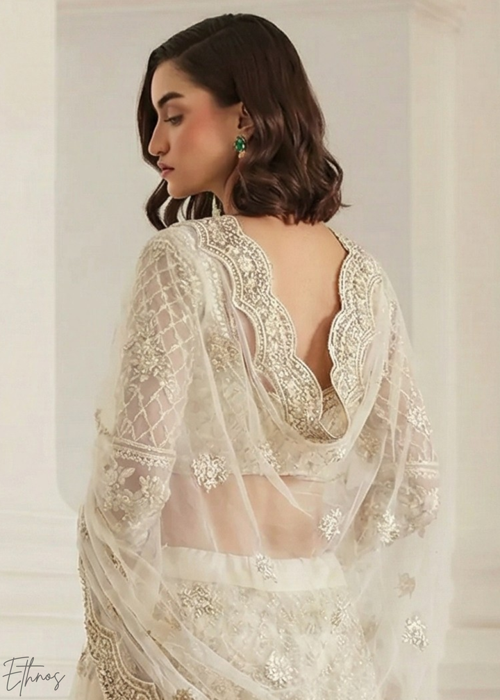 Ivory Cream All-Over Sequin Embroidered Net Lehenga