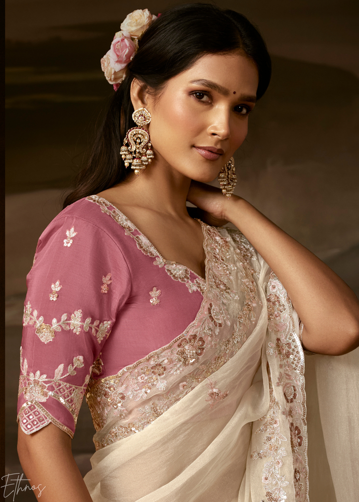 Ivory Cream Cutwork Scallop Border Organza Saree