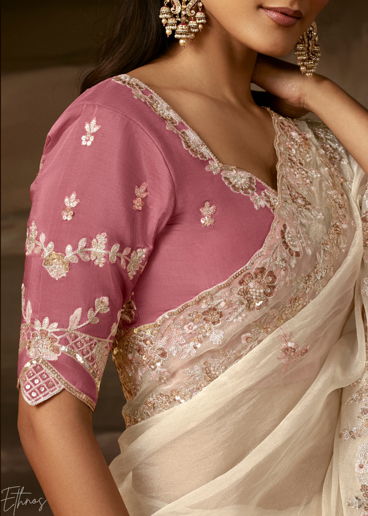 Ivory Cream Cutwork Scallop Border Organza Saree
