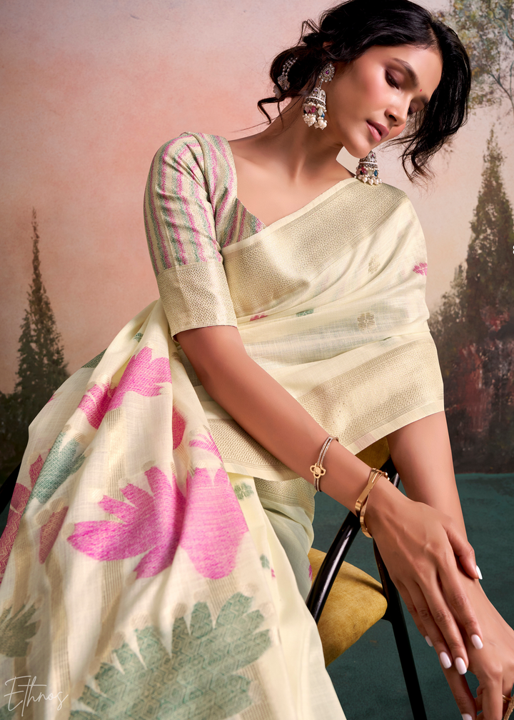 Ivory Cream Lotus Pallu Linen Silk Saree