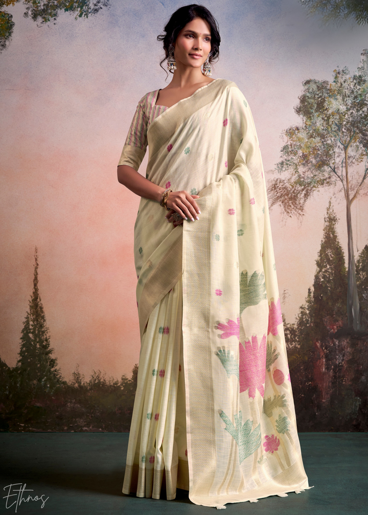 Ivory Cream Lotus Pallu Linen Silk Saree