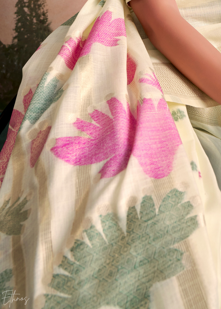 Ivory Cream Lotus Pallu Linen Silk Saree